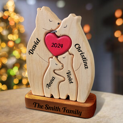 Family Connected By Hearts - Puzzle Wooden Bears Family - Wooden Pet Carvings