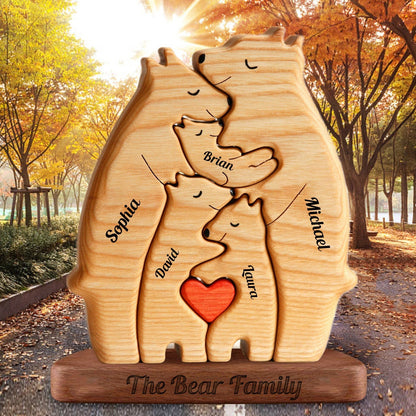 Personalized Wooden Bears Family With Hearts - Puzzle Wooden Bears Family - Wooden Pet Carvings