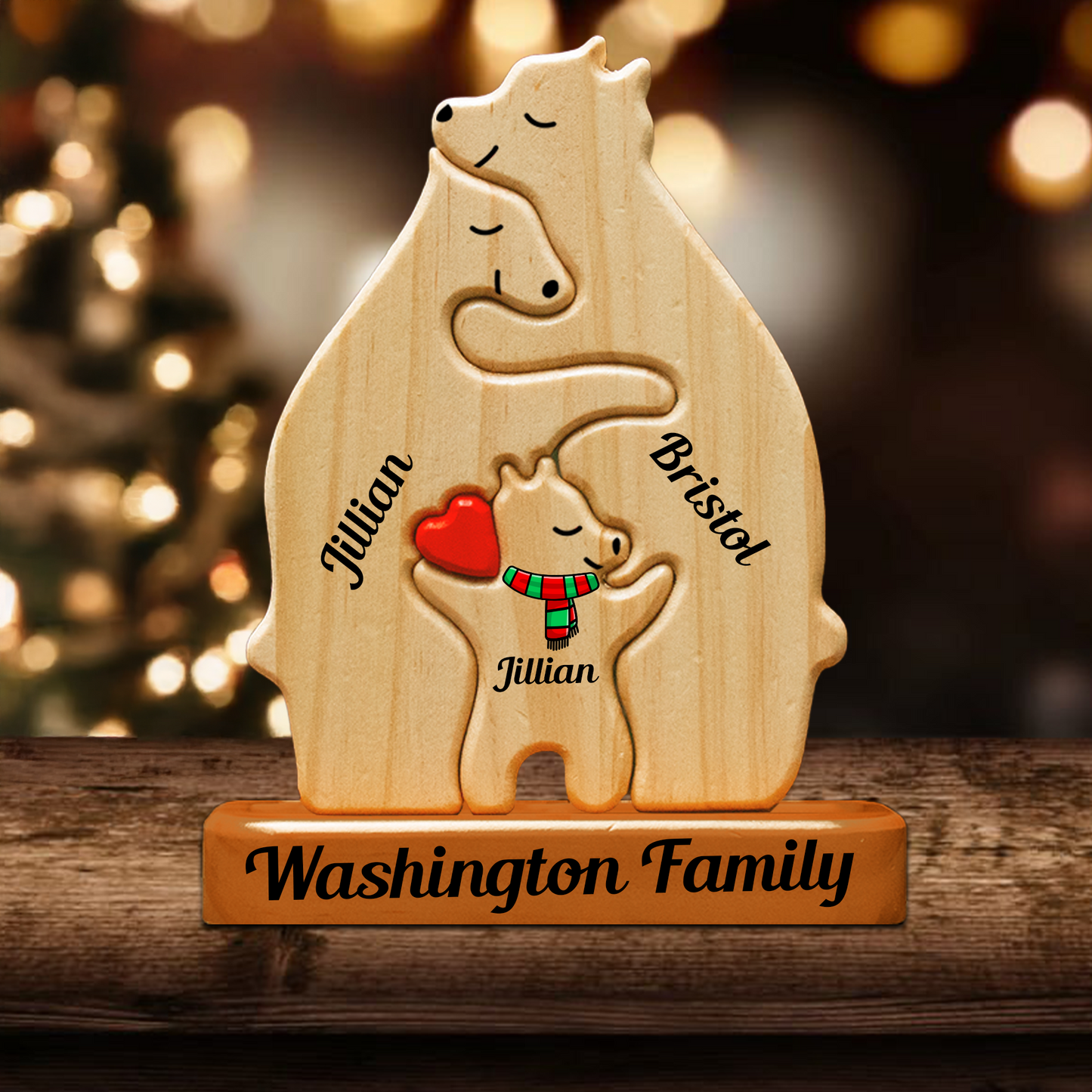 Personalized Wooden Bear Family Puzzle, Wooden Bear With Scarf, Christmas Family Keepsake Gifts