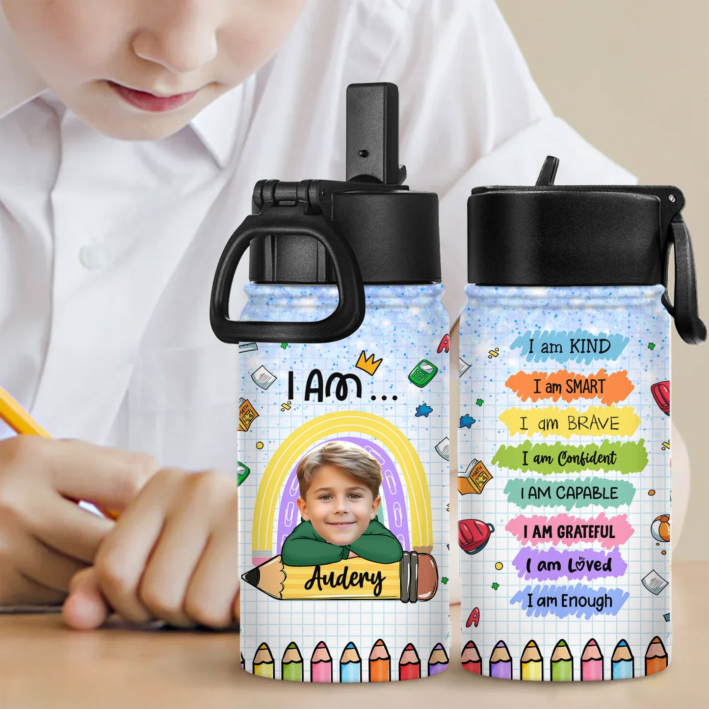 I am Kind Smart Brave Confident Capable Grateful Loved Enough Bottle - Personalized Kids Water Bottle With Straw Lid - Back to School Water Bottle