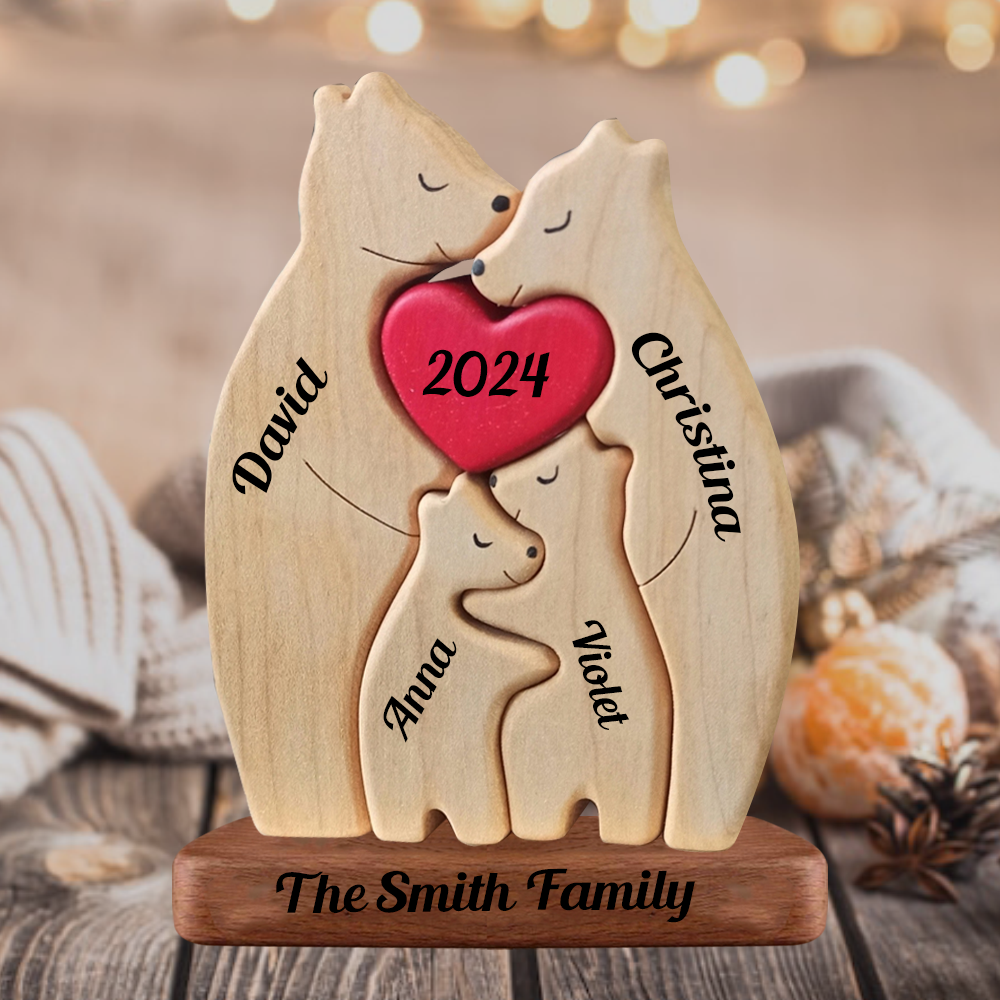 Family Connected By Hearts - Puzzle Wooden Bears Family - Wooden Pet Carvings