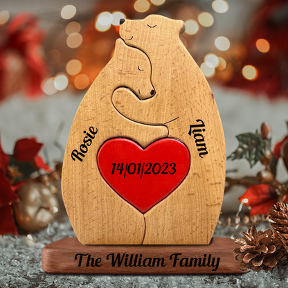 Personalized Wooden Bears Family With Hearts - Puzzle Wooden Bears Family - Wooden Pet Carvings