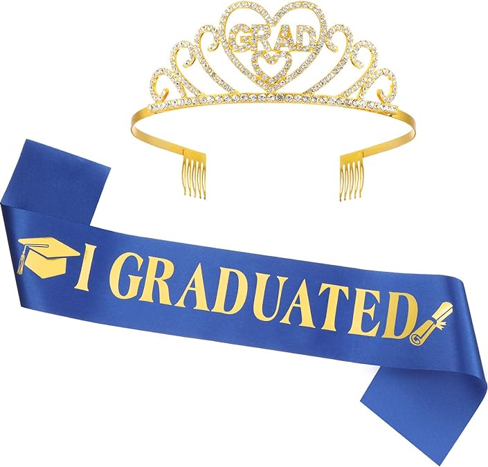 Glitter Graduation Satin Sash Tiara Kit, Class of 2024 Graduated Party Decorations Rhinestone Crown & Stoles, Congratulations Gifts for Girl Senior College