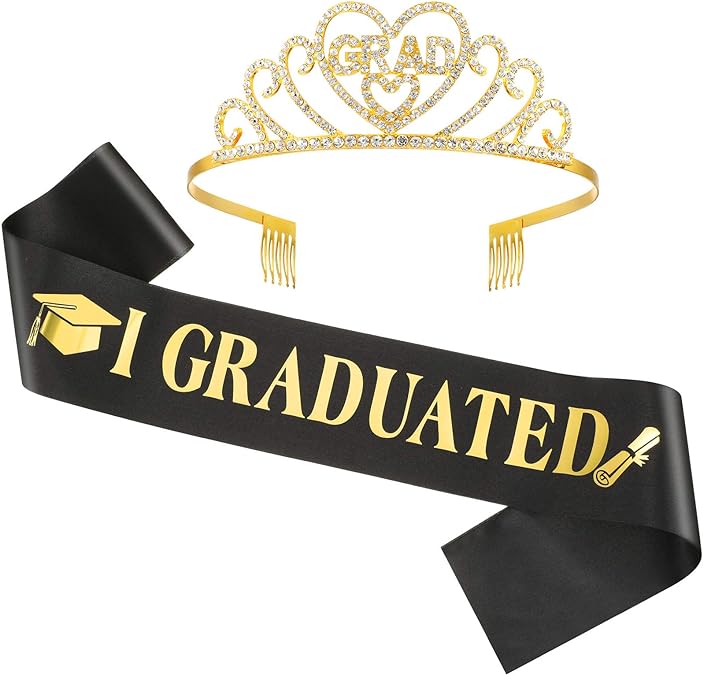 Glitter Graduation Satin Sash Tiara Kit, Class of 2024 Graduated Party Decorations Rhinestone Crown & Stoles, Congratulations Gifts for Girl Senior College