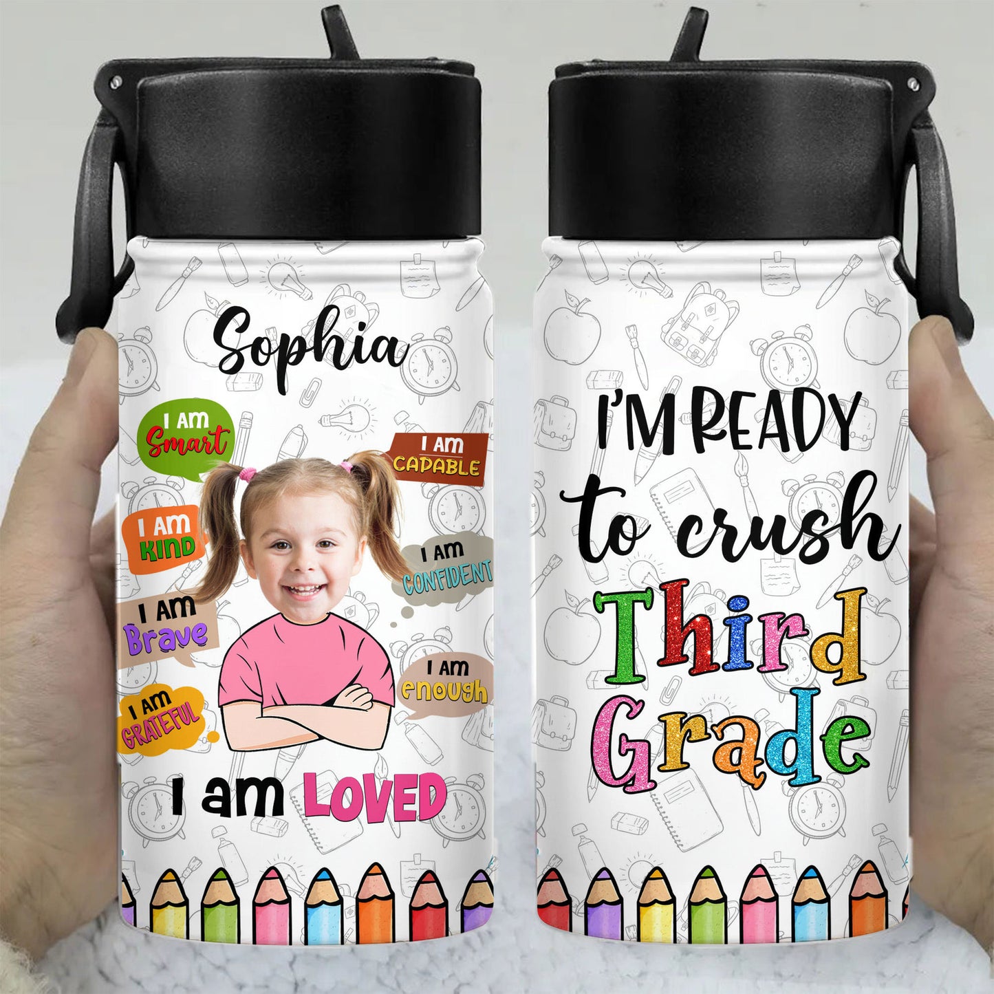 Personalized Water Bottle With Straw Lid - I am Kind Smart Brave Confident Capable Grateful Loved Enough Bottle - Back to School Water Bottle