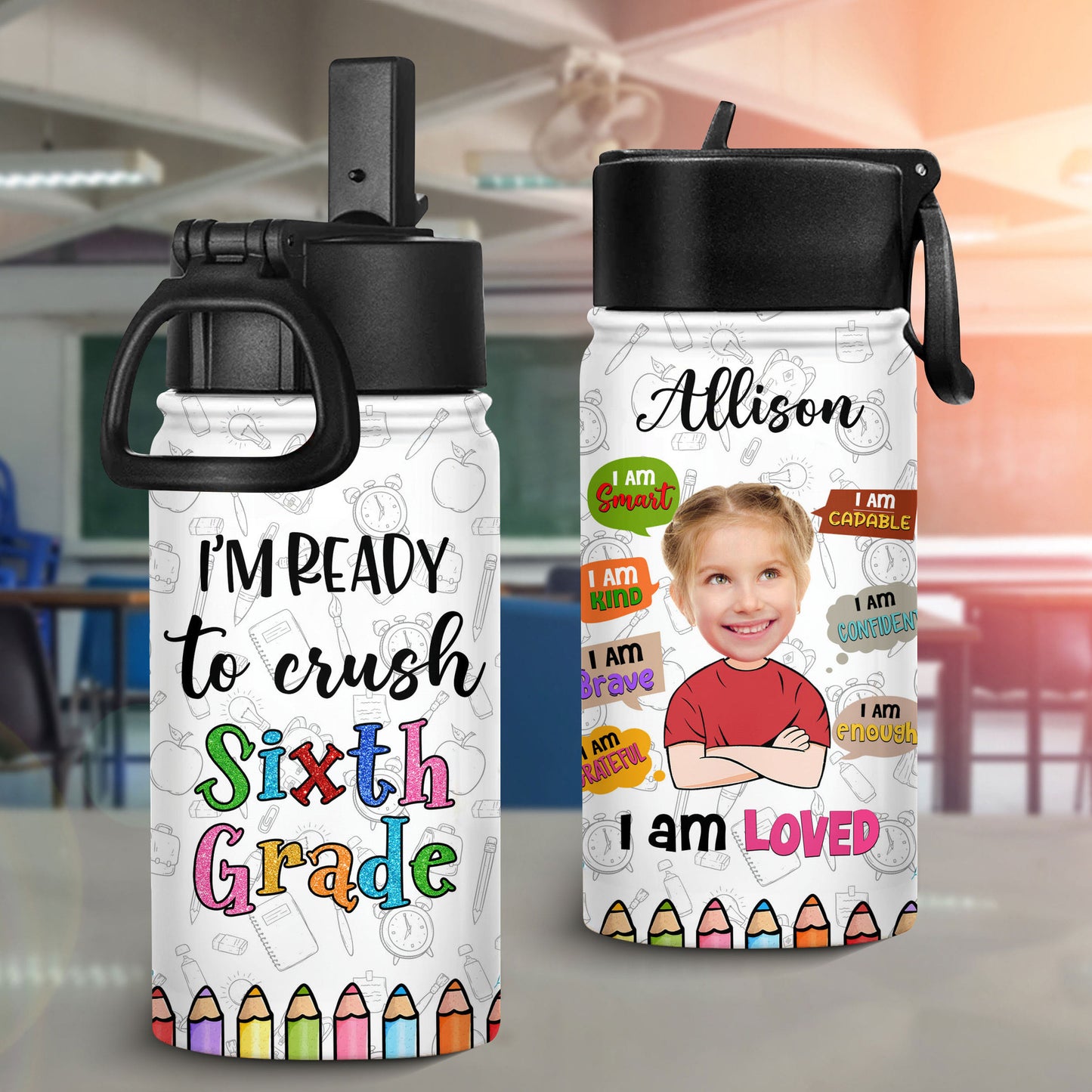 Personalized Water Bottle With Straw Lid - I am Kind Smart Brave Confident Capable Grateful Loved Enough Bottle - Back to School Water Bottle