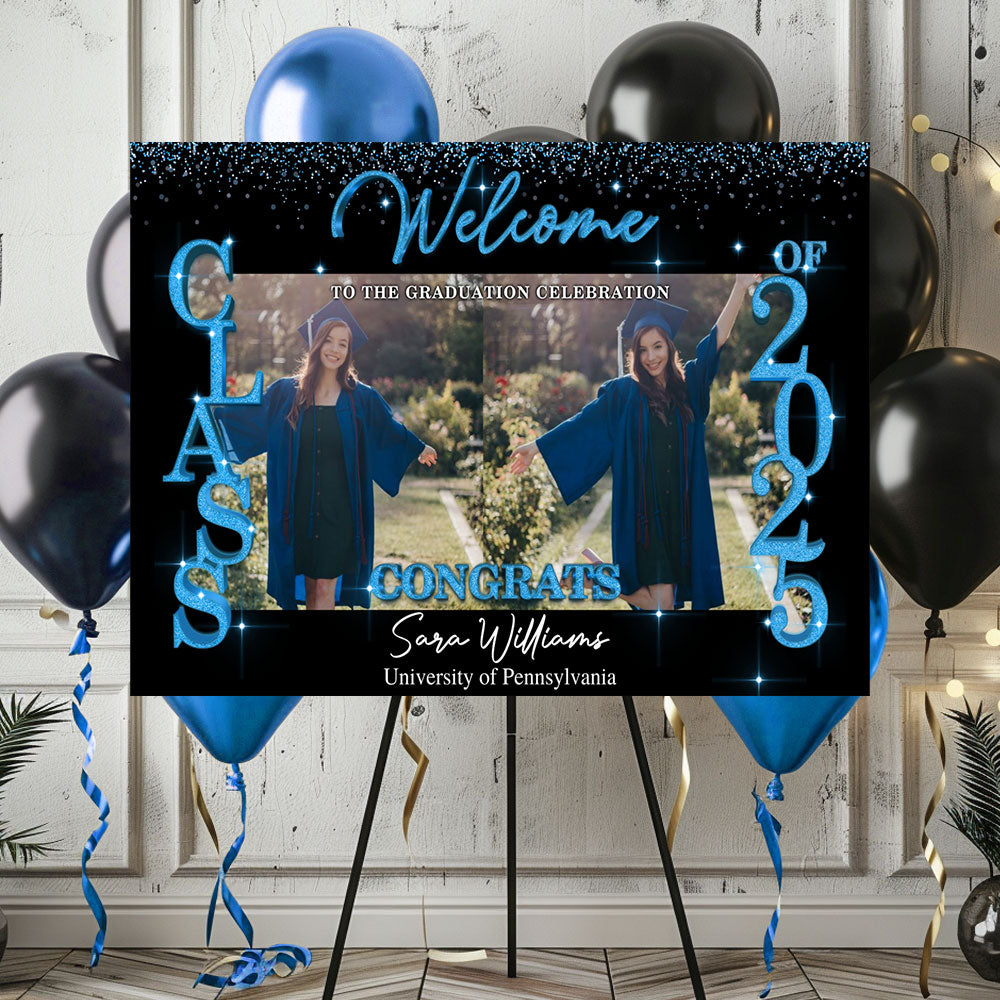 Glitter Style Congrats Graduation Class Of 2025 - Graduation Party Welcome Sign - Custom Photo Grad Party Sign - Canvas Personalized Graduation Decoration