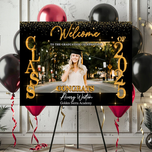 Glitter Style Congrats Graduation Class Of 2025 - Graduation Party Welcome Sign - Custom Photo Grad Party Sign - Canvas Personalized Graduation Decoration