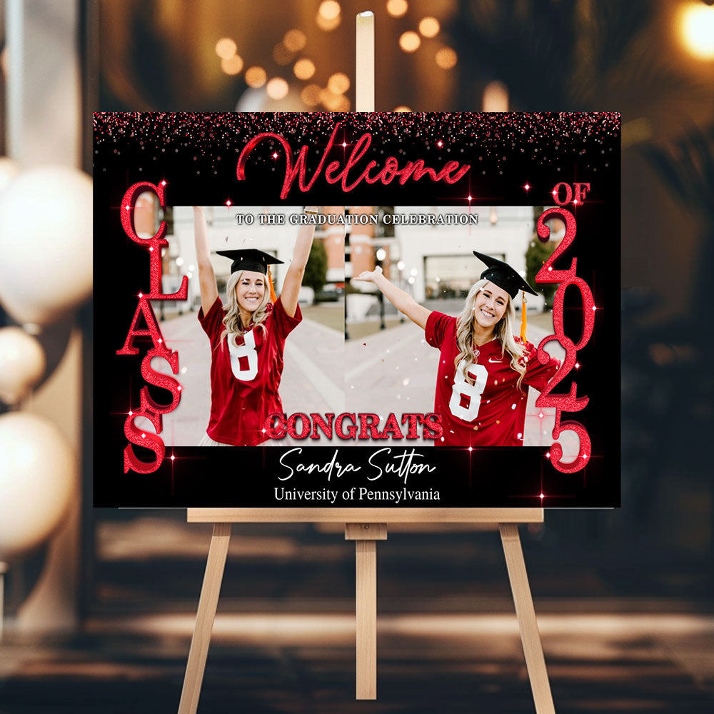 Glitter Style Congrats Graduation Class Of 2025 - Graduation Party Welcome Sign - Custom Photo Grad Party Sign - Canvas Personalized Graduation Decoration