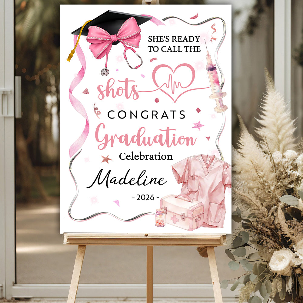Pink Bow Medical Nurse Graduation Welcome Sign - Custom Photo Grad Party Sign - Personalized Graduation Decoration