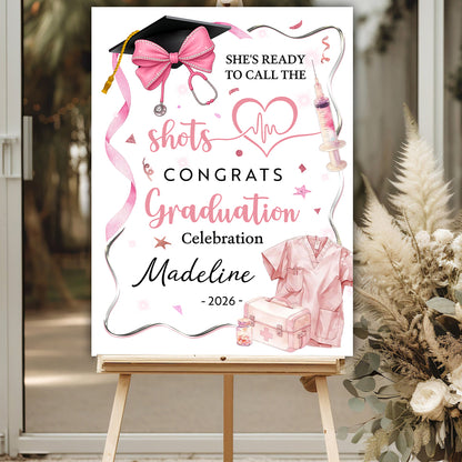 Pink Bow Medical Nurse Graduation Welcome Sign - Custom Photo Grad Party Sign - Personalized Graduation Decoration