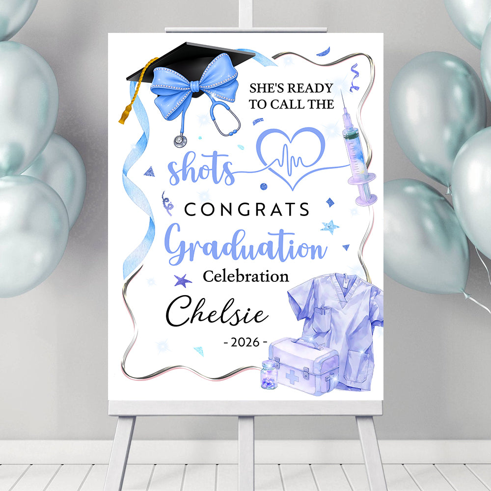 Pink Bow Medical Nurse Graduation Welcome Sign - Custom Photo Grad Party Sign - Personalized Graduation Decoration