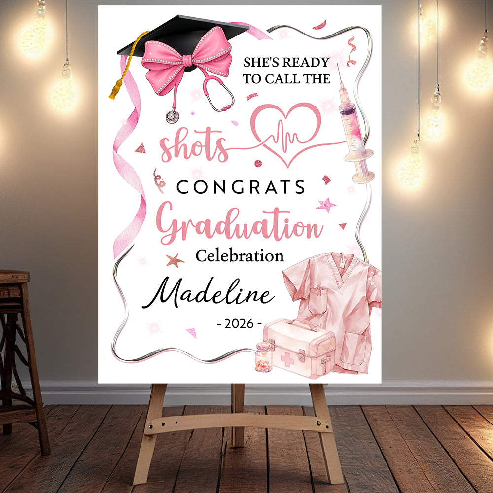 Pink Bow Medical Nurse Graduation Welcome Sign - Custom Photo Grad Party Sign - Personalized Graduation Decoration