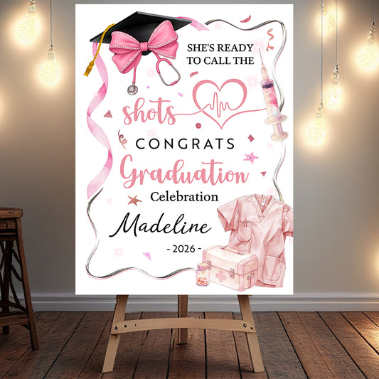 Pink Bow Medical Nurse Graduation Welcome Sign - Custom Photo Grad Party Sign - Personalized Graduation Decoration