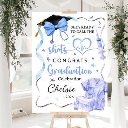 Pink Bow Medical Nurse Graduation Welcome Sign - Custom Photo Grad Party Sign - Personalized Graduation Decoration