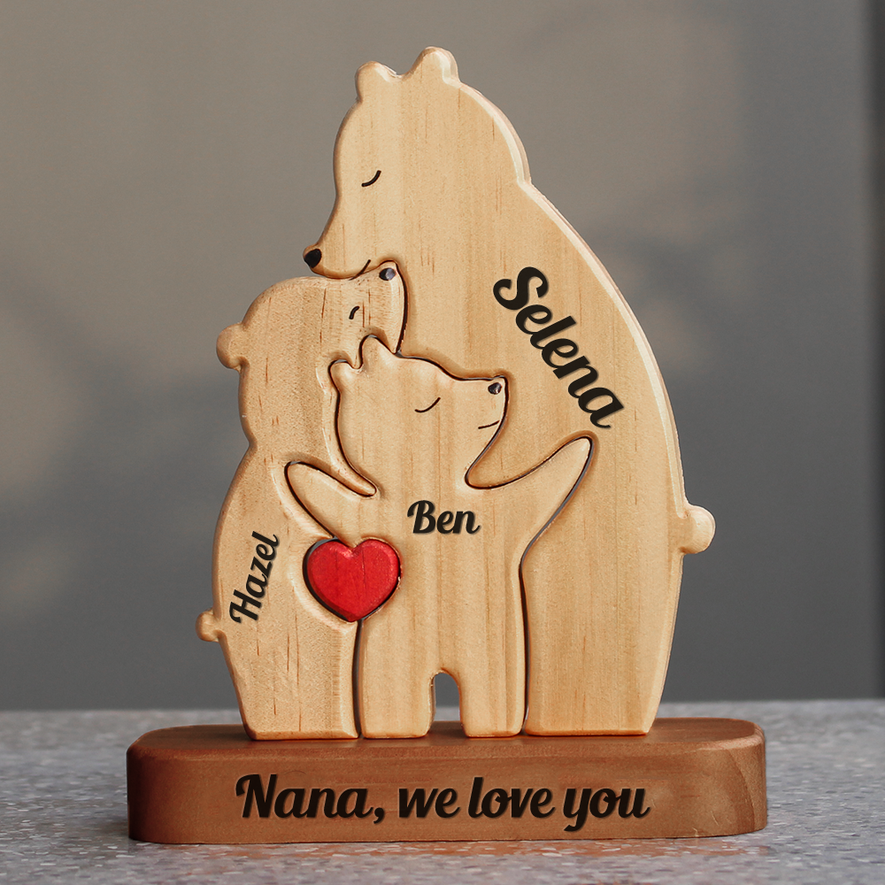 Personalized Single Parent Family With Stand - Puzzle Wooden Bear Family - Wooden Pet Carvings