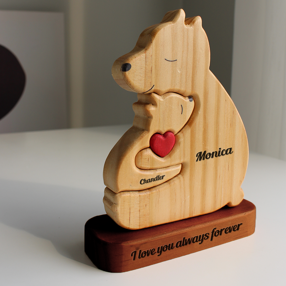 Personalized Single Parent Family With Stand - Puzzle Wooden Bear Family - Wooden Pet Carvings