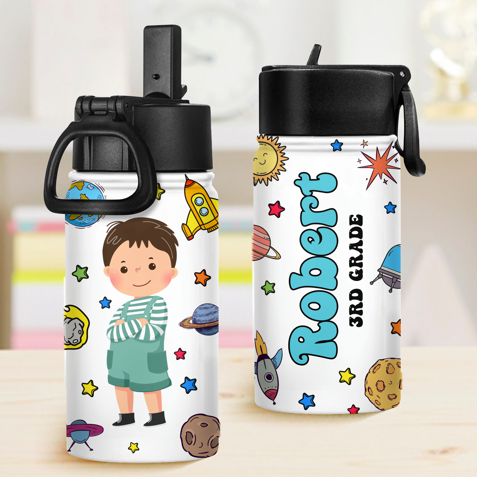 Personalized Name Water Bottle With Straw Lid - Custom Name Kids Bottle - Back To School Gifts for Kids - Drinking Bottle