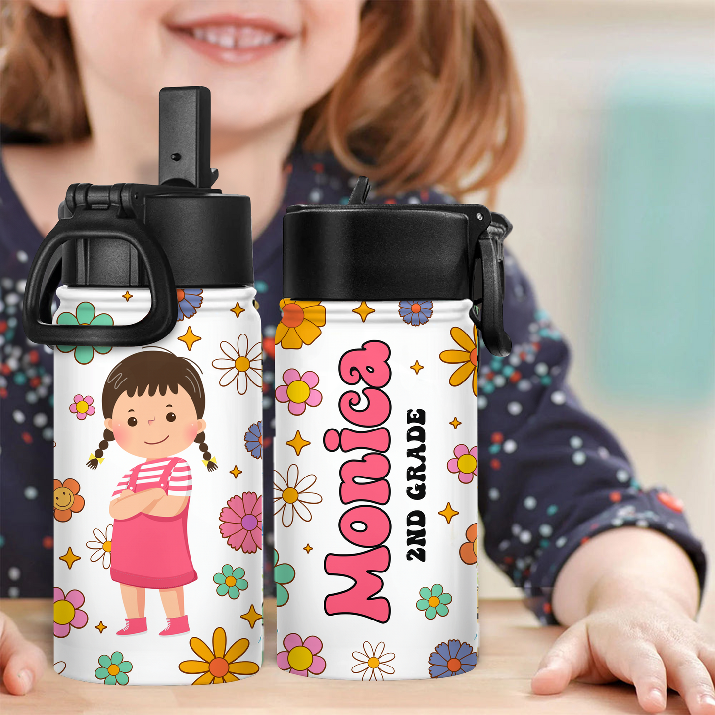 Personalized Name Water Bottle With Straw Lid - Custom Name Kids Bottle - Back To School Gifts for Kids - Drinking Bottle