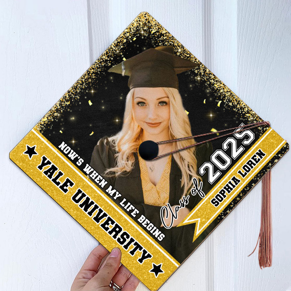 Now’s When My Life Begins - Glitter Personalized Graduation Cap Topper Class Of 2025 - Decorations For Grad Cap