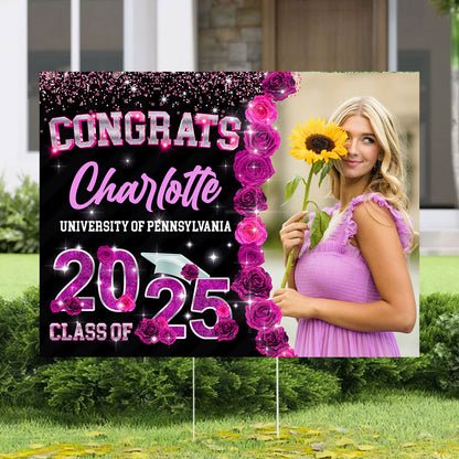 Rose Background Class Of 2025 Graduate, Graduation Gift - Personalized Graduation Lawn Sign With Stake