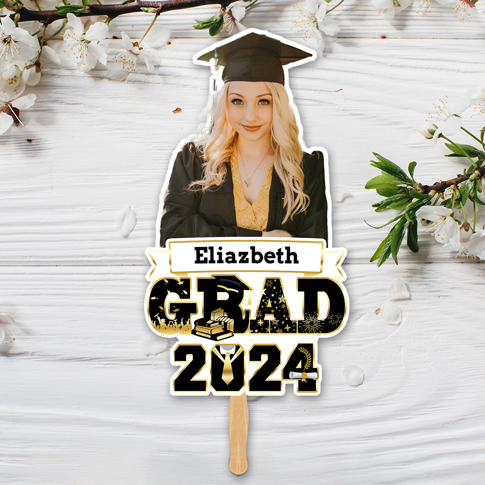 Personalized Grad 2024 Face Fans With Wooden Handle, Gift For Graduation Party