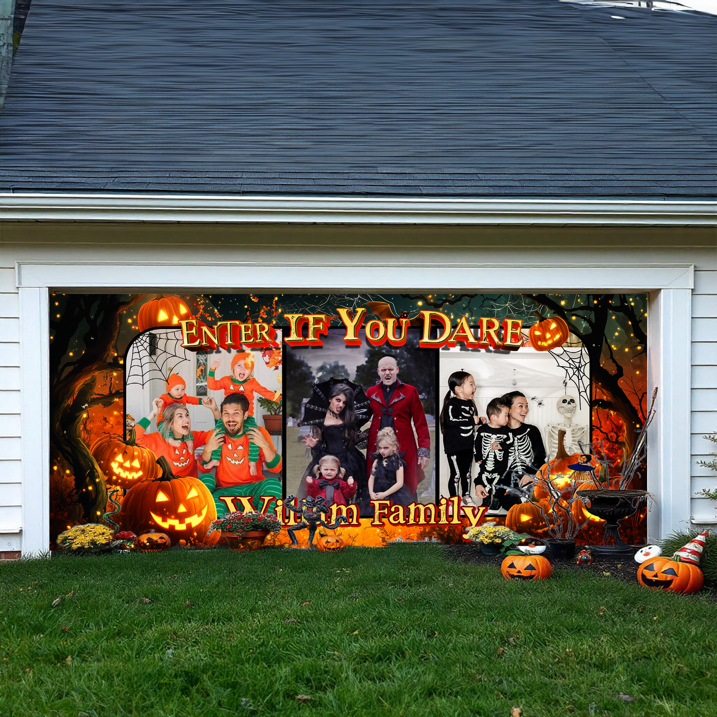 Custom Family Name Halloween Garage Door Decorations - Garage Door Banner Covers - Single Garage