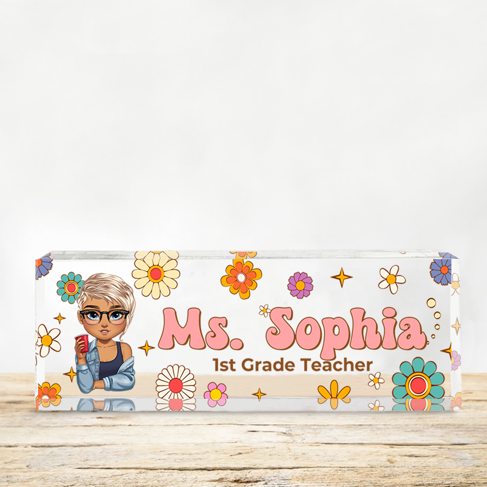 Custom Hippie Flowers Magic Teacher Name - Personalized Teacher Name Sign for Desk - Acrylic Desk Name Plate - Gift For Teacher