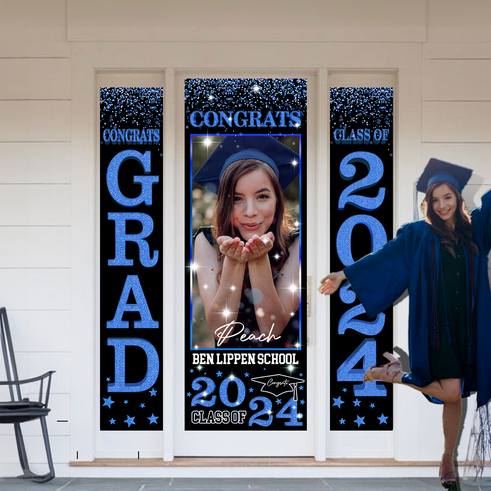 Front Door Banner 2024 With Pictures Class of 2024 - High School or College University for Graduation Door Banner for Front Door or Porch