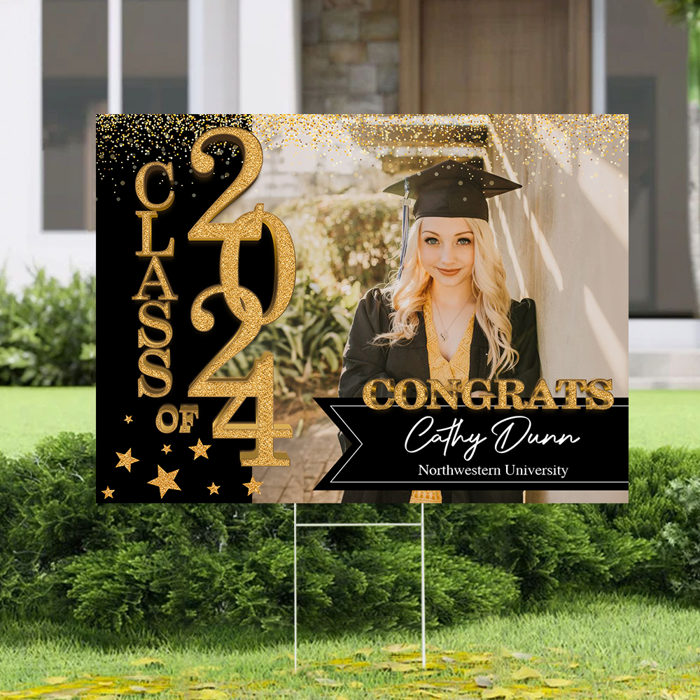School Name Gold Class Of 2024, Graduation Gift - Personalized Graduation Lawn Sign With Stake