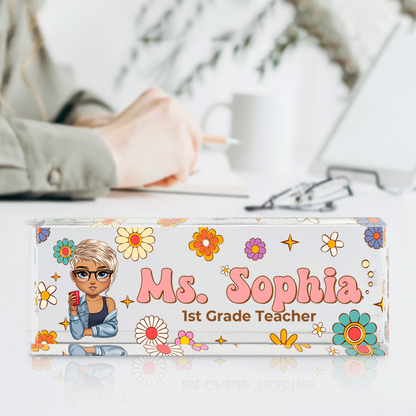 Custom Hippie Flowers Magic Teacher Name - Personalized Teacher Name Sign for Desk - Acrylic Desk Name Plate - Gift For Teacher