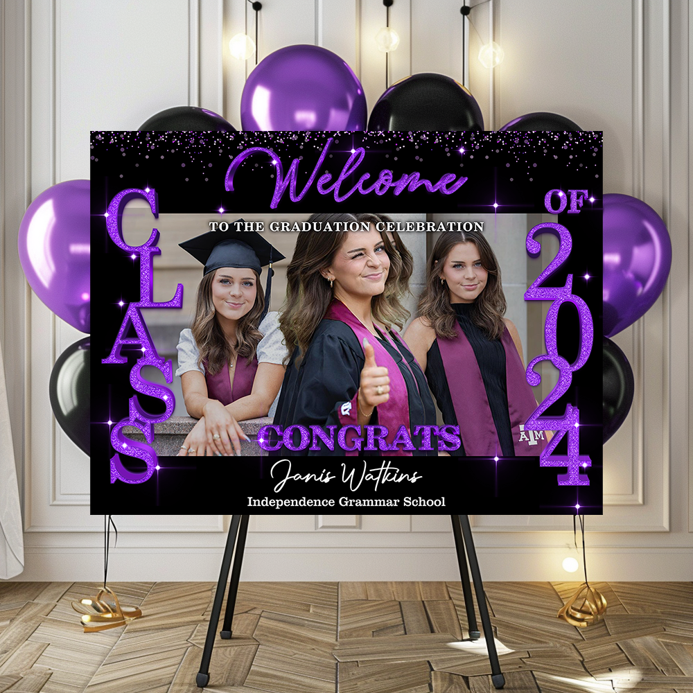 Glitter Style Congrats Graduation Class Of 2024 - Graduation Party Welcome Sign - Custom Photo Grad Party Sign - Canvas Personalized Graduation Decoration