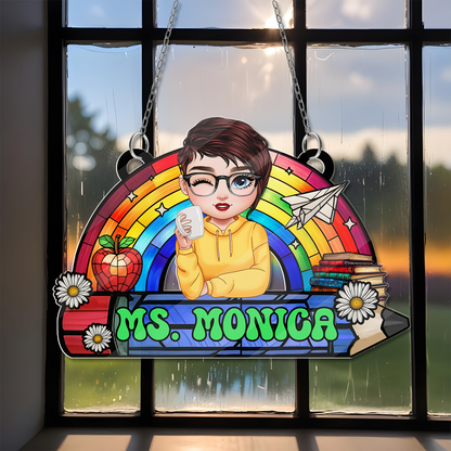 Teacher Rainbow Retro Suncatcher Ornament - Hanging Door Acrylic - Personalized Custom Shape Window Hanging Acrylic