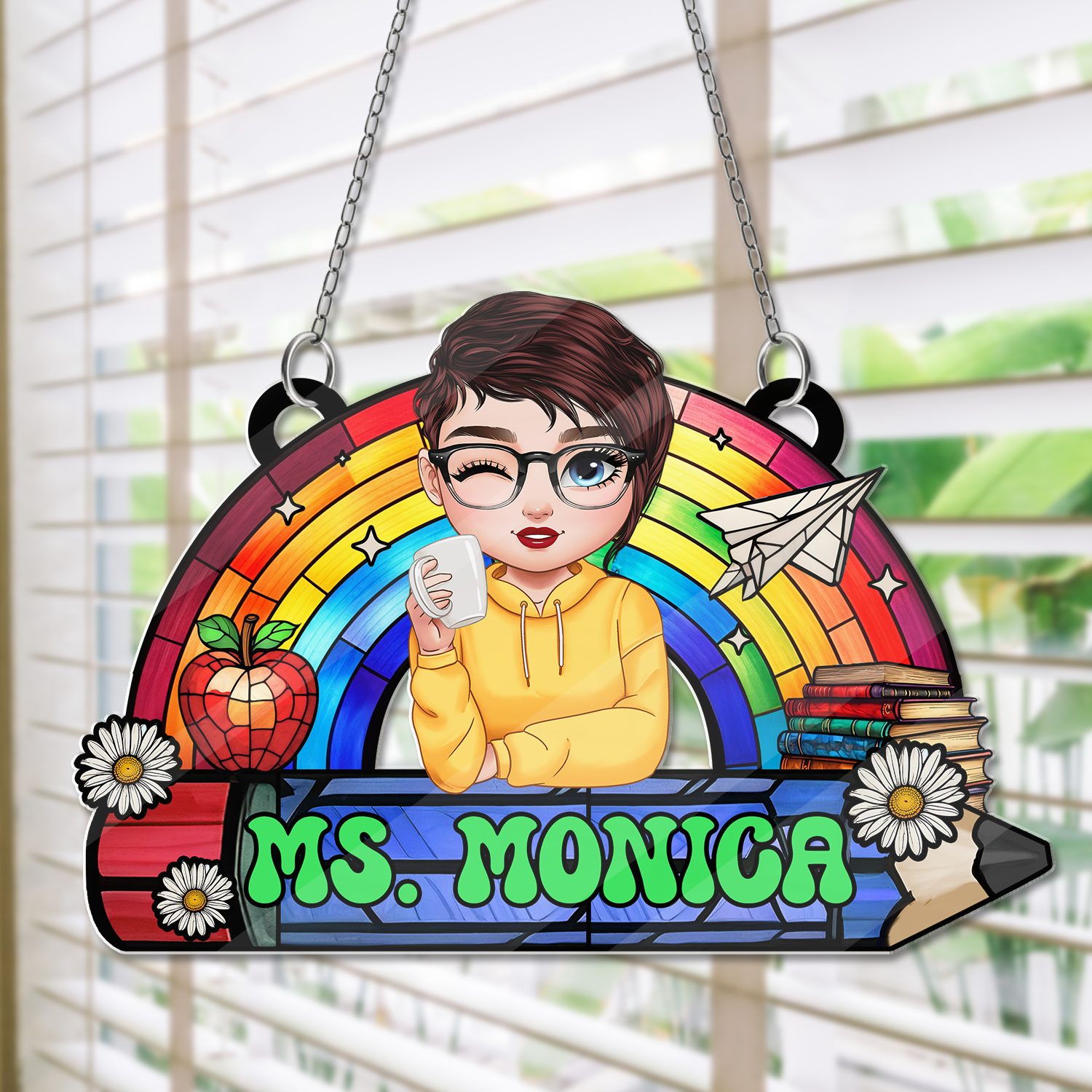 Teacher Rainbow Retro Suncatcher Ornament - Hanging Door Acrylic - Personalized Custom Shape Window Hanging Acrylic