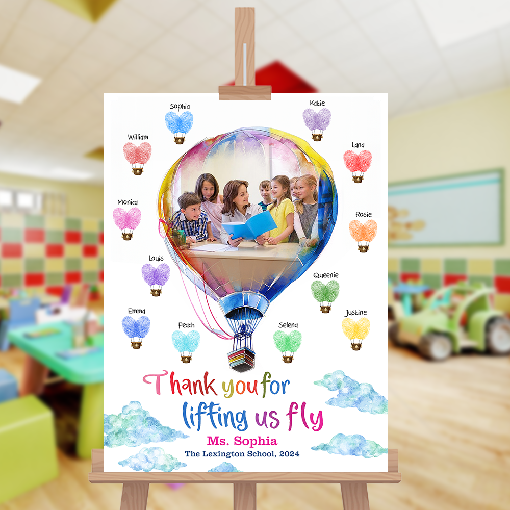 Personalized Fingerprint Art Hot Air Balloon Teacher Appreciation Welcome Sign - Custom Teacher and Up to 25 Kids Names - Balloon Teacher Canvas