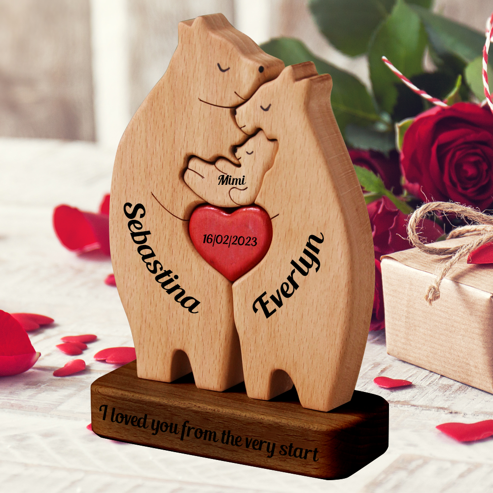 Family Connected By Hearts - Puzzle Wooden Bears Family - Wooden Pet Carvings