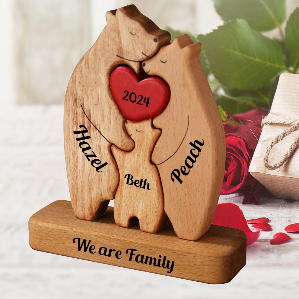 Family Connected By Hearts - Puzzle Wooden Bears Family - Wooden Pet Carvings