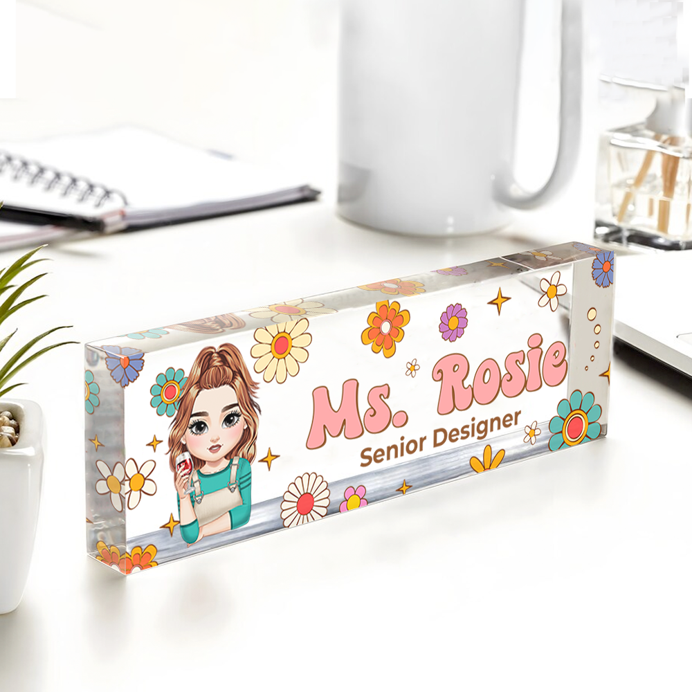 Custom Hippie Flowers Magic Teacher Name - Personalized Teacher Name Sign for Desk - Acrylic Desk Name Plate - Gift For Teacher