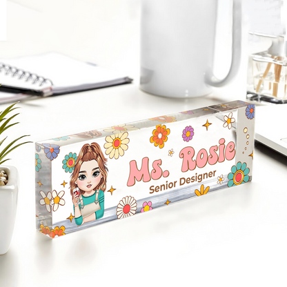 Custom Hippie Flowers Magic Teacher Name - Personalized Teacher Name Sign for Desk - Acrylic Desk Name Plate - Gift For Teacher