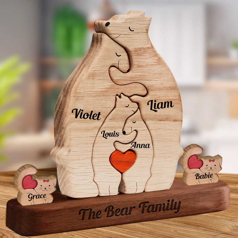 Wooden Bears Family Puzzle with Pets, Members Mini Dogs & Cats- Puzzle Wooden Bears Pet Family