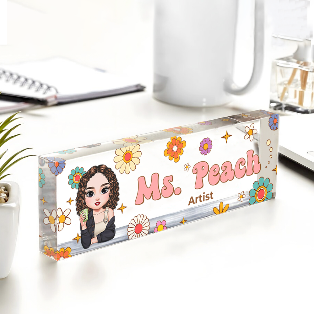 Custom Hippie Flowers Magic Teacher Name - Personalized Teacher Name Sign for Desk - Acrylic Desk Name Plate - Gift For Teacher