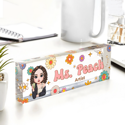 Custom Hippie Flowers Magic Teacher Name - Personalized Teacher Name Sign for Desk - Acrylic Desk Name Plate - Gift For Teacher