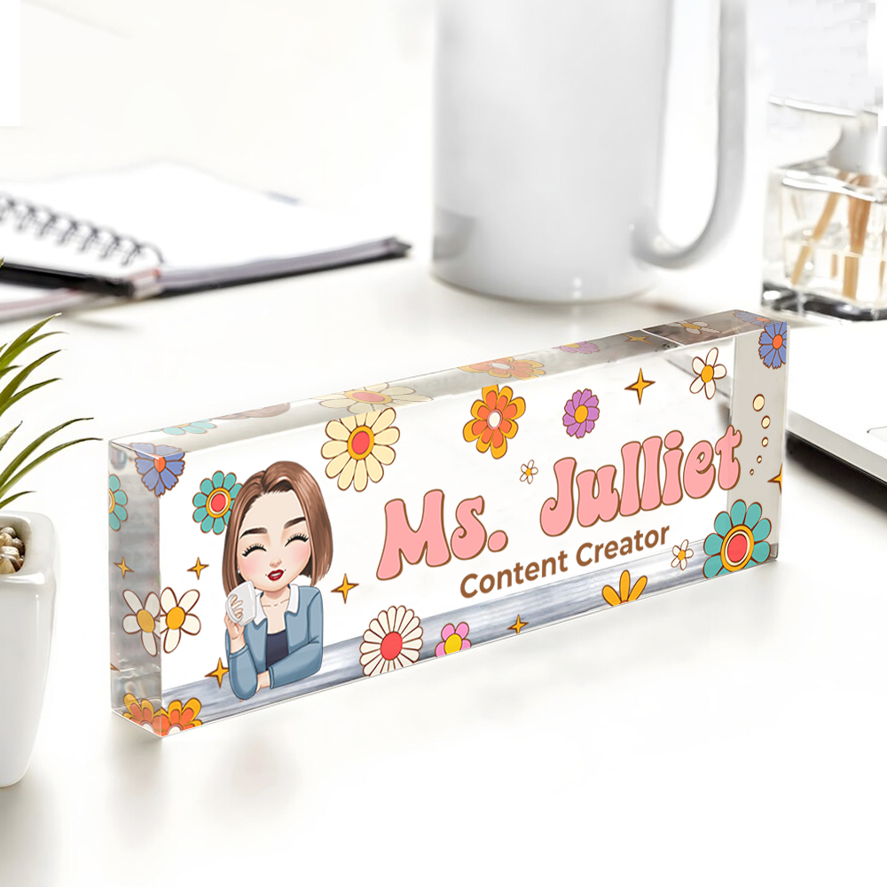 Custom Hippie Flowers Magic Teacher Name - Personalized Teacher Name Sign for Desk - Acrylic Desk Name Plate - Gift For Teacher