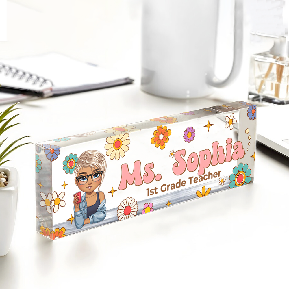 Custom Hippie Flowers Magic Teacher Name - Personalized Teacher Name Sign for Desk - Acrylic Desk Name Plate - Gift For Teacher