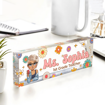 Custom Hippie Flowers Magic Teacher Name - Personalized Teacher Name Sign for Desk - Acrylic Desk Name Plate - Gift For Teacher