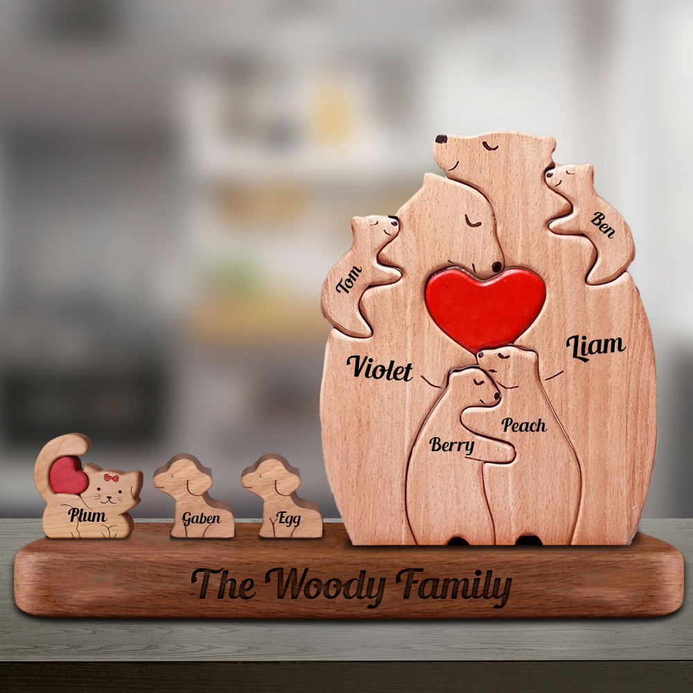 Wooden Bears Family Puzzle with Pets, Members Mini Dogs & Cats- Puzzle Wooden Bears Pet Family