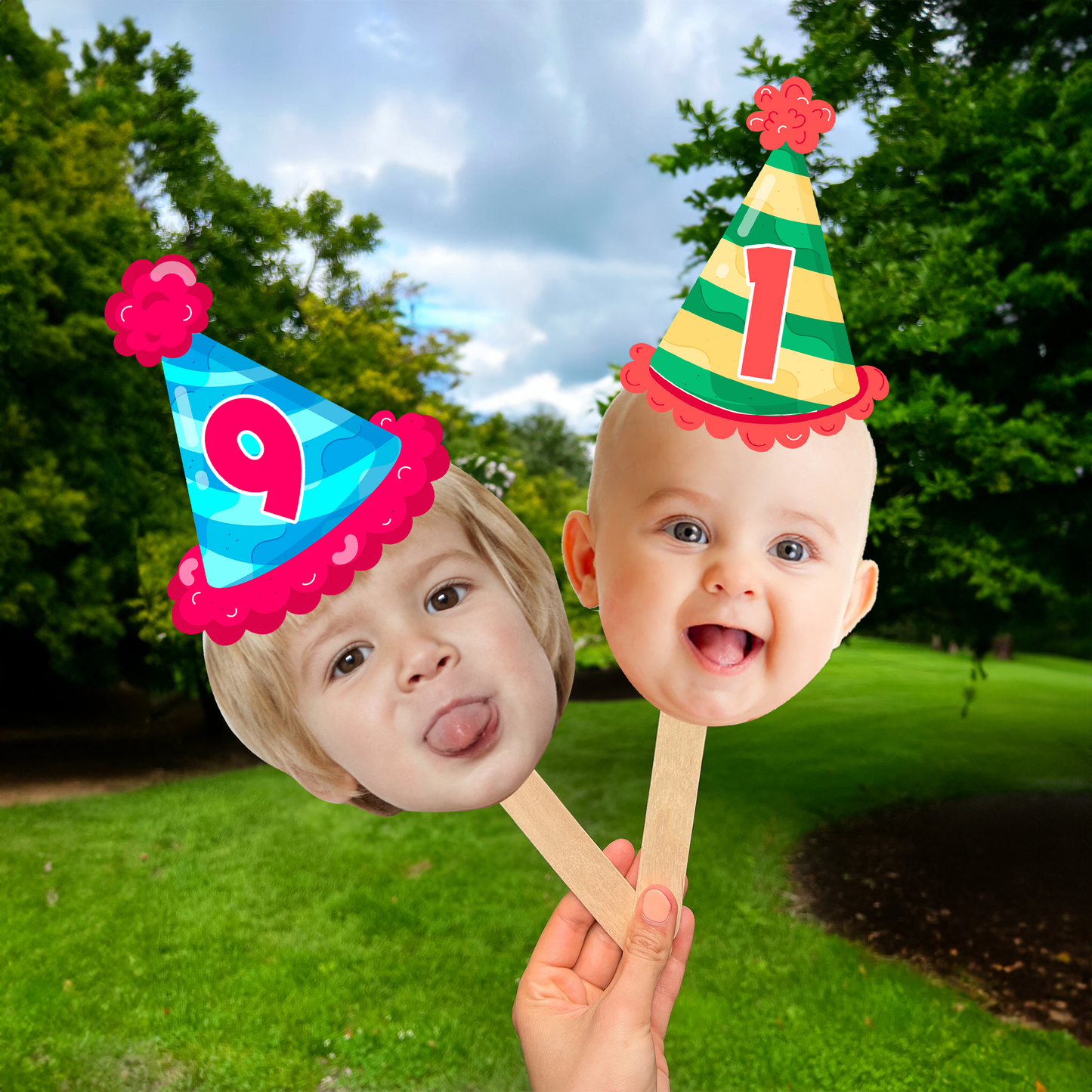 Personalized Birthday Face Fans With Wooden Handle - Fans Faces on a Stick Birthday - Personalized Custom Face Fan