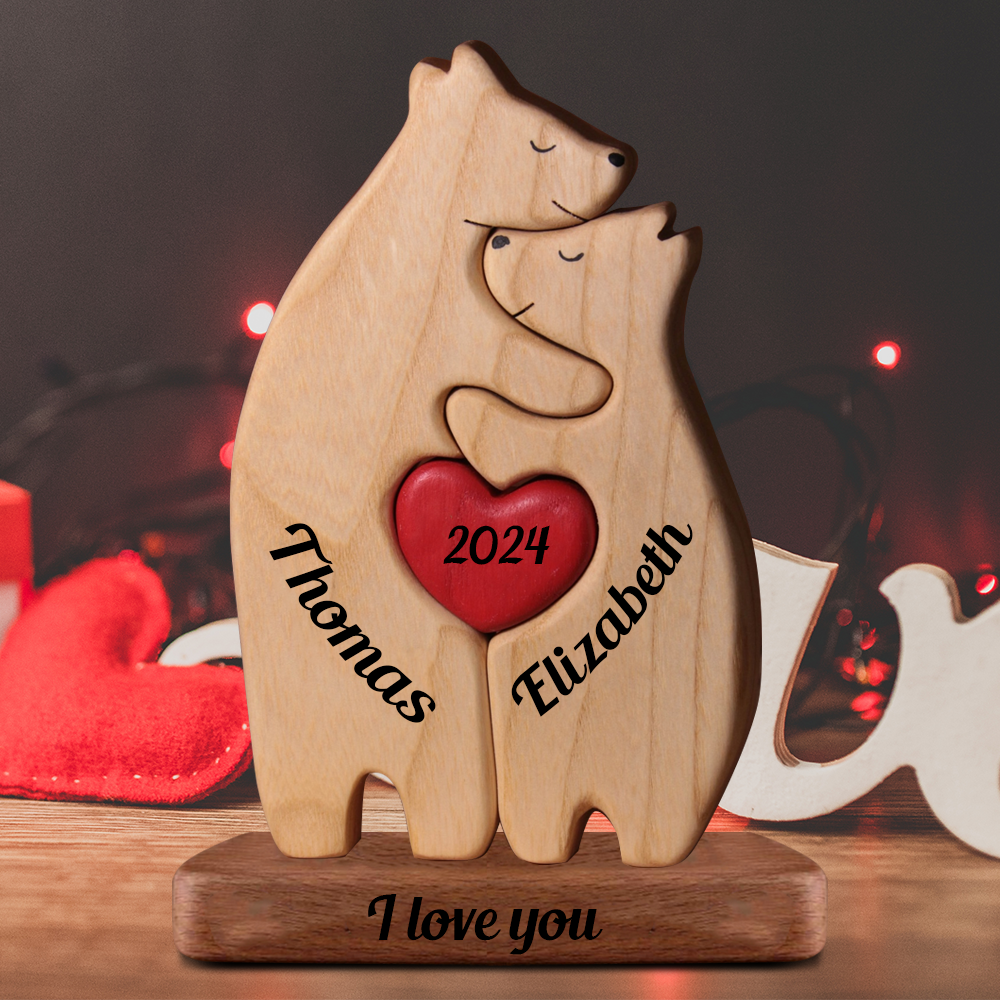 Family Connected By Hearts - Puzzle Wooden Bears Family - Wooden Pet Carvings