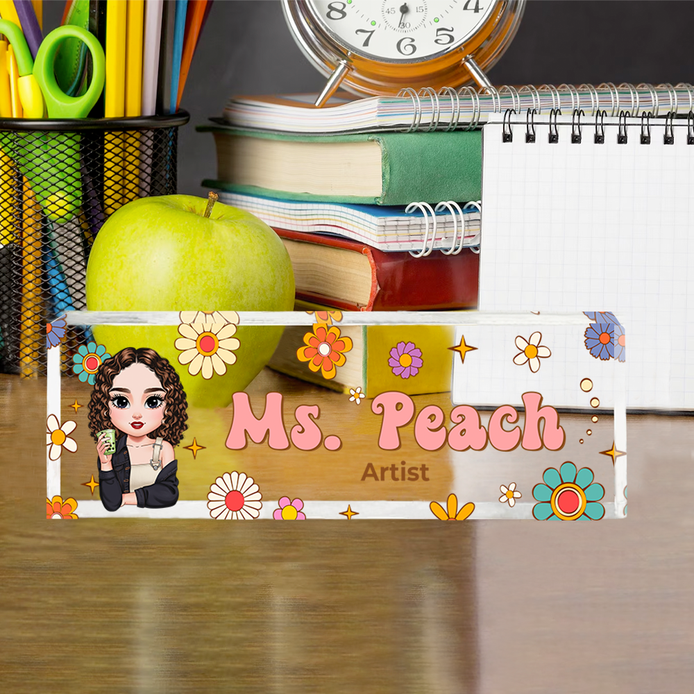 Custom Hippie Flowers Magic Teacher Name - Personalized Teacher Name Sign for Desk - Acrylic Desk Name Plate - Gift For Teacher