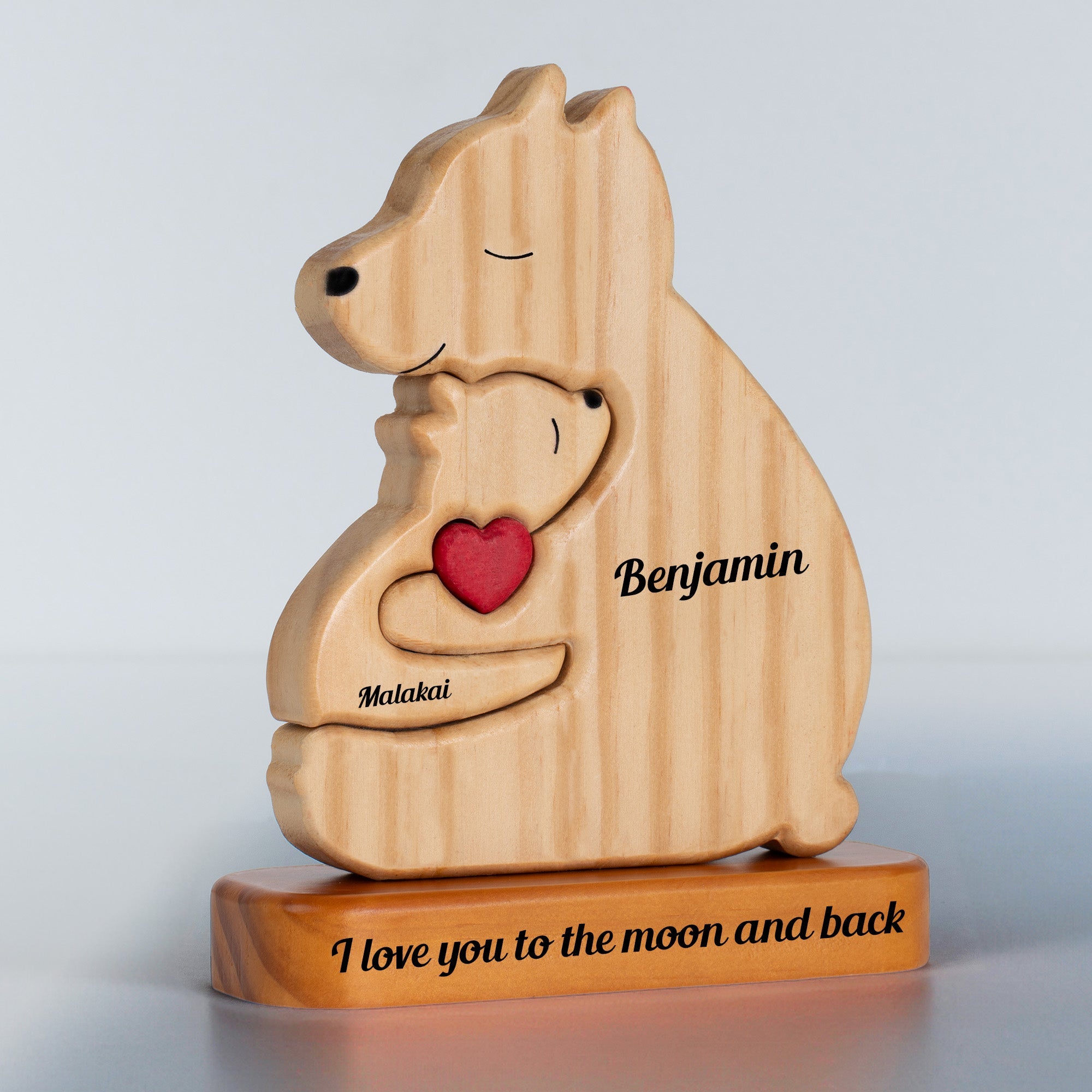 Personalized Single Parent Family With Stand - Puzzle Wooden Bear Family - Wooden Pet Carvings